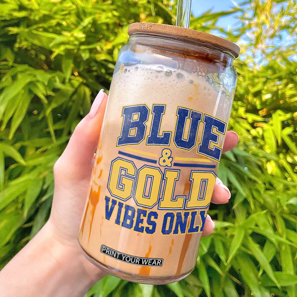 Blue Gold Vibes Only Varsity Game Day Graphic Glass Can