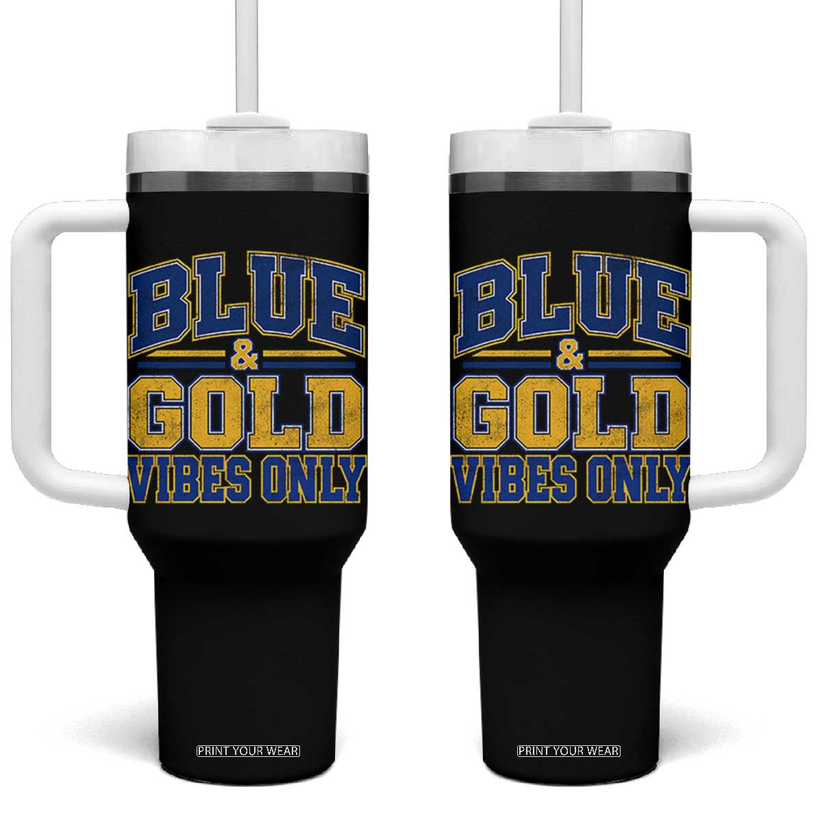Blue Gold Vibes Only Varsity Game Day Graphic Tumbler With Handle