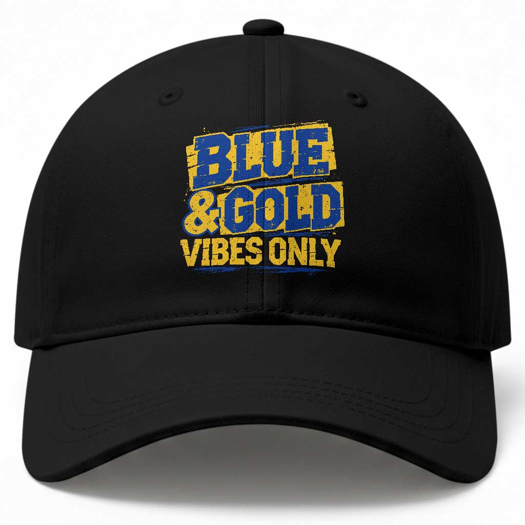 Blue Gold Vibes Only Game Day Graphic Baseball Cap Distressed Brush Stroke Varsity Fan Graphic Concept