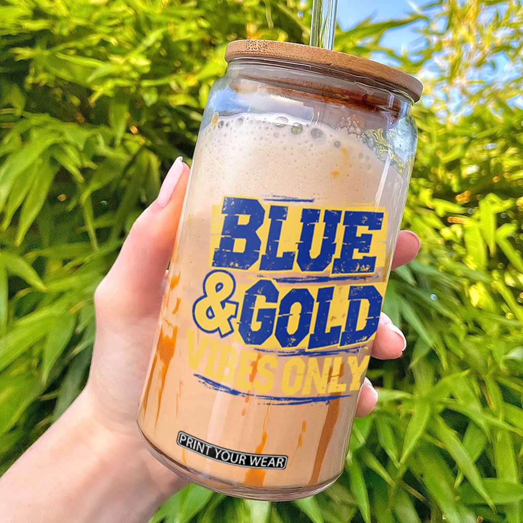 Blue Gold Vibes Only Game Day Graphic Glass Can Distressed Brush Stroke Varsity Fan Graphic Concept