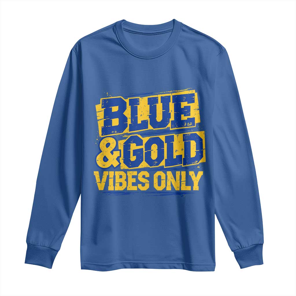 Blue Gold Vibes Only Game Day Graphic Long Sleeve Shirt Distressed Brush Stroke Varsity Fan Graphic Concept