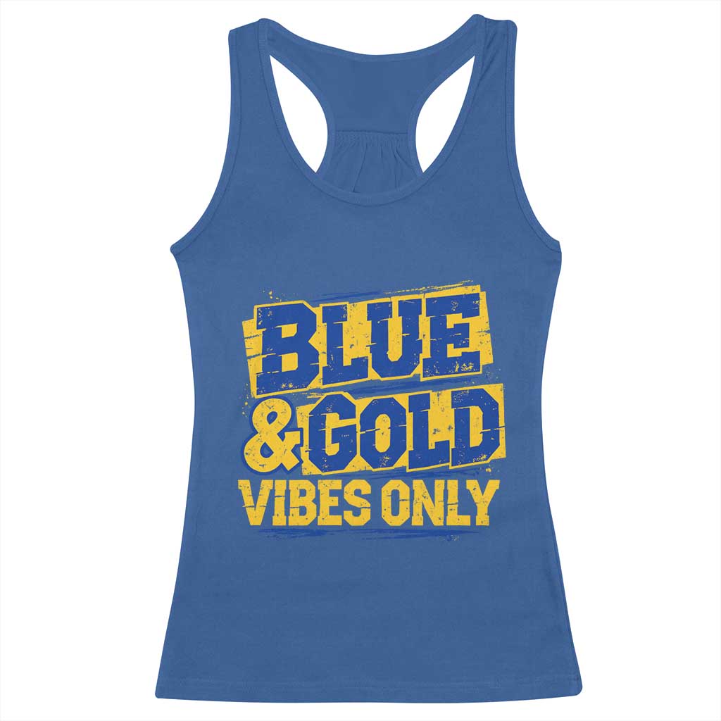 Blue Gold Vibes Only Game Day Graphic Racerback Tank Top Distressed Brush Stroke Varsity Fan Graphic Concept