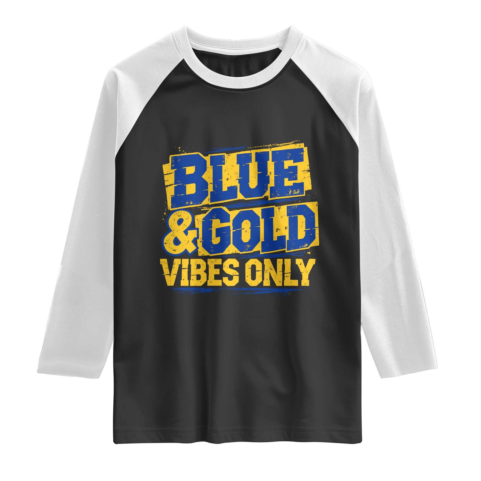 Blue Gold Vibes Only Game Day Graphic Raglan Shirt Distressed Brush Stroke Varsity Fan Graphic Concept