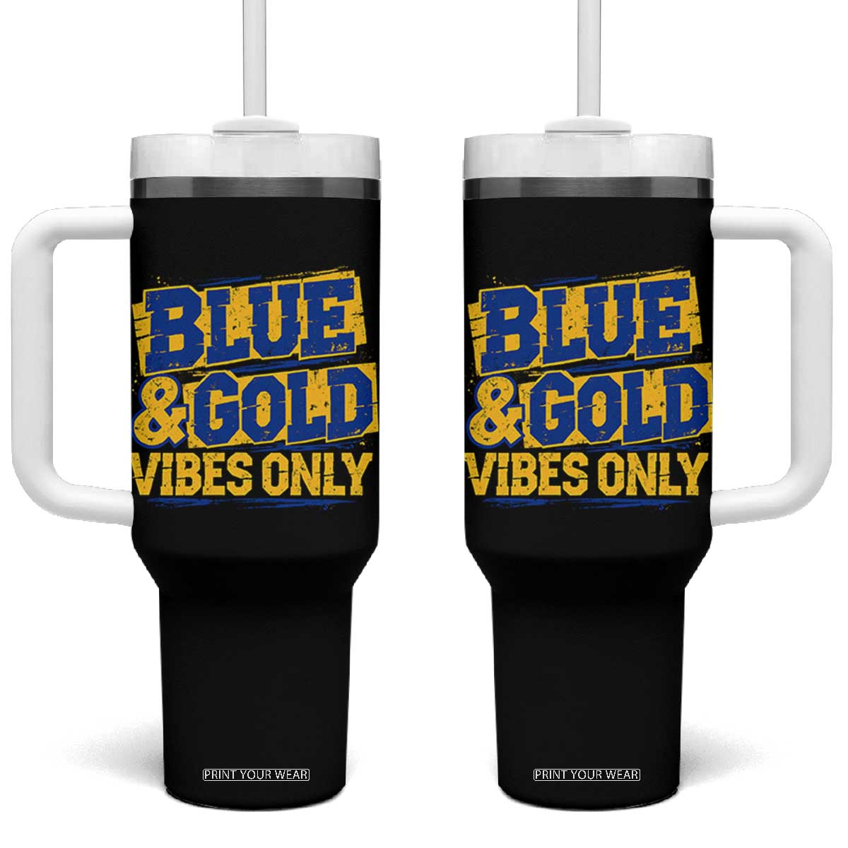 Blue Gold Vibes Only Game Day Graphic Tumbler With Handle Distressed Brush Stroke Varsity Fan Graphic Concept