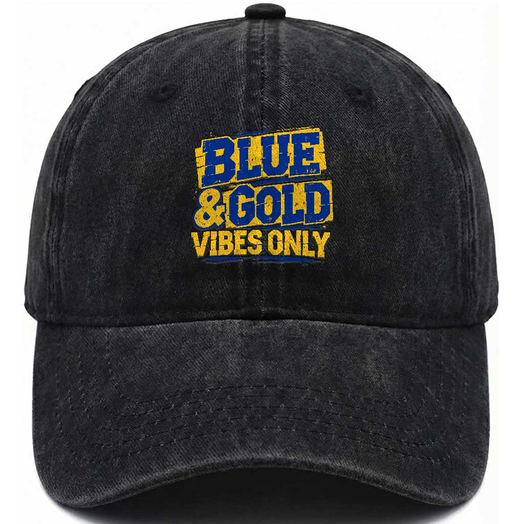 Blue Gold Vibes Only Game Day Graphic Washed Cotton Baseball Cap Distressed Brush Stroke Varsity Fan Graphic Concept