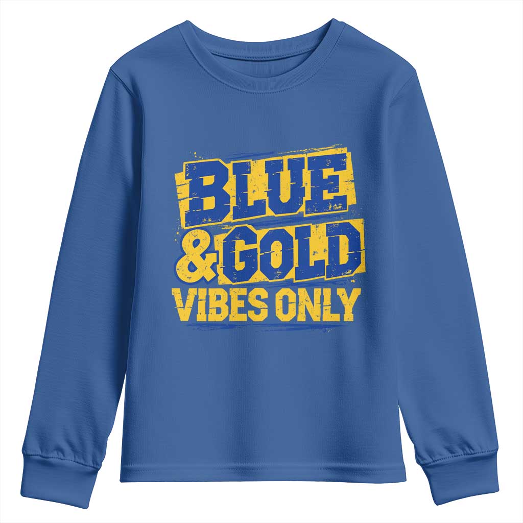 Blue Gold Vibes Only Game Day Graphic Youth Sweatshirt Distressed Brush Stroke Varsity Fan Graphic Concept