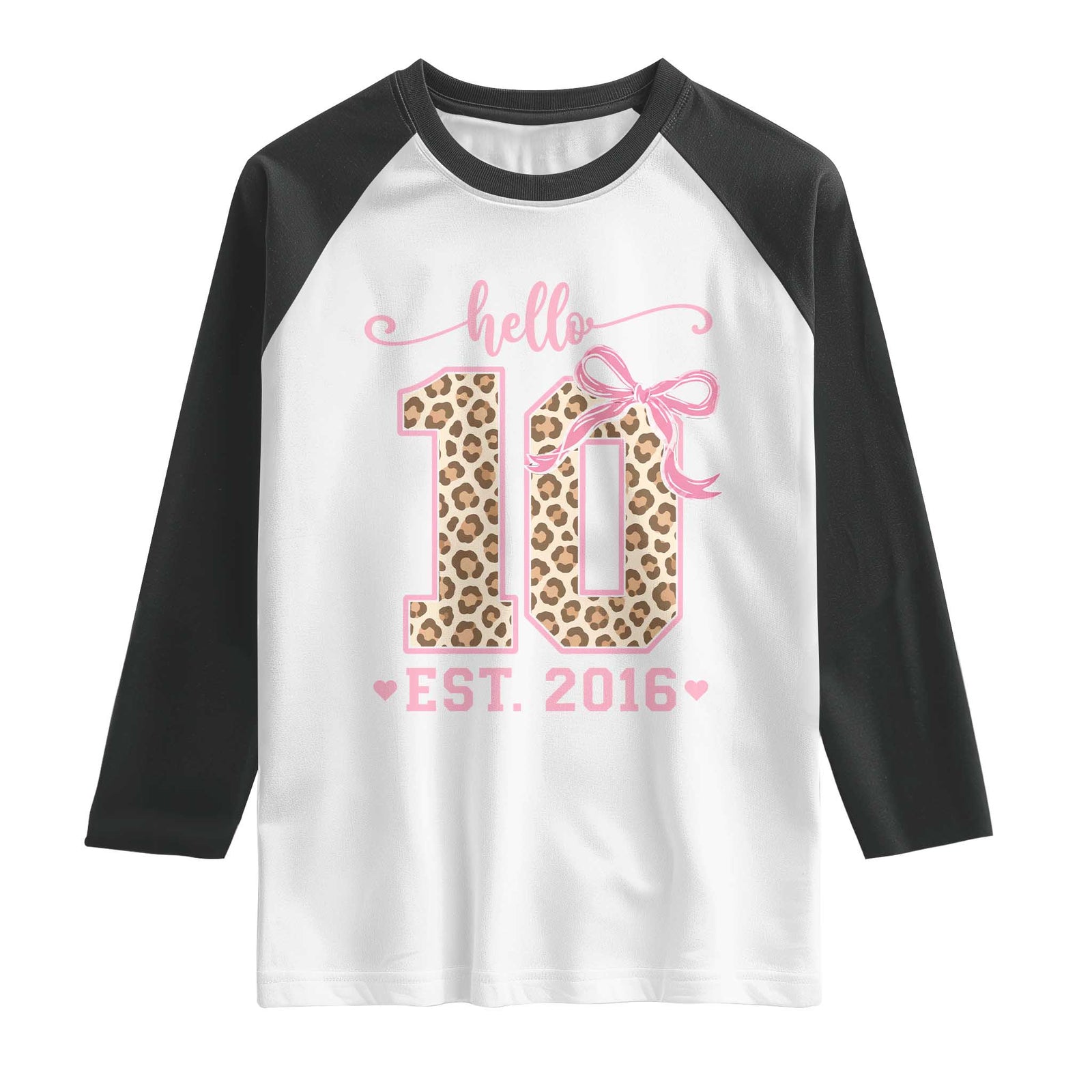 10th Birthday Girl Gifts Raglan Shirt Double Digits Tenth Birthday Leopard Coquette Bow