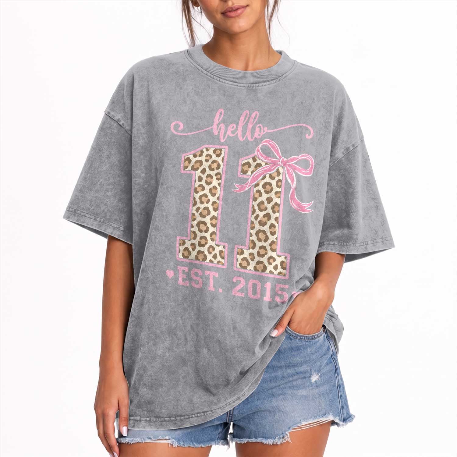 11th Birthday Girl Gifts Washed Cotton T-Shirt Funny 11 Year Old Hello Est Leopard Coquette Bow