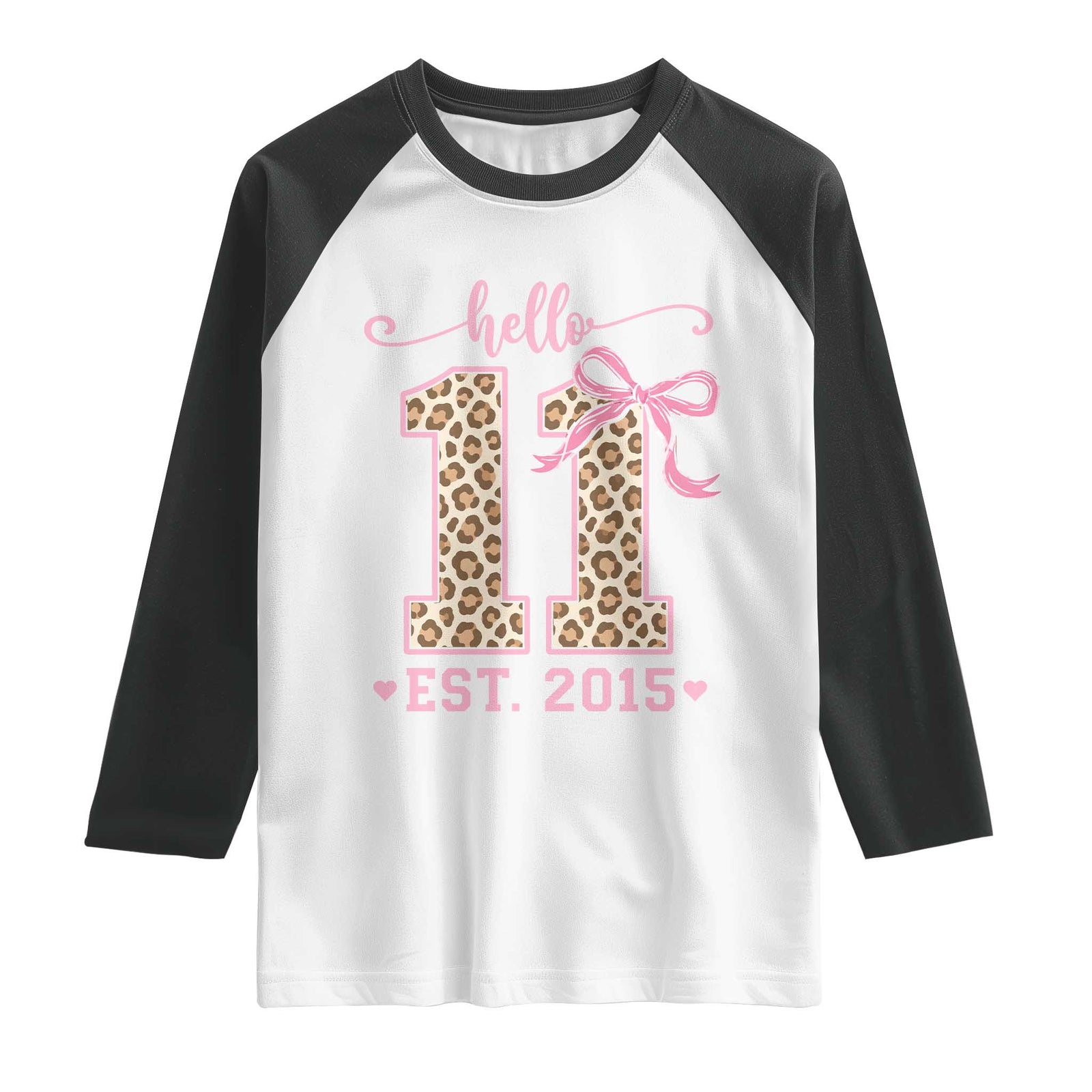 11th Birthday Girl Gifts Raglan Shirt Funny 11 Year Old Hello Est Leopard Coquette Bow