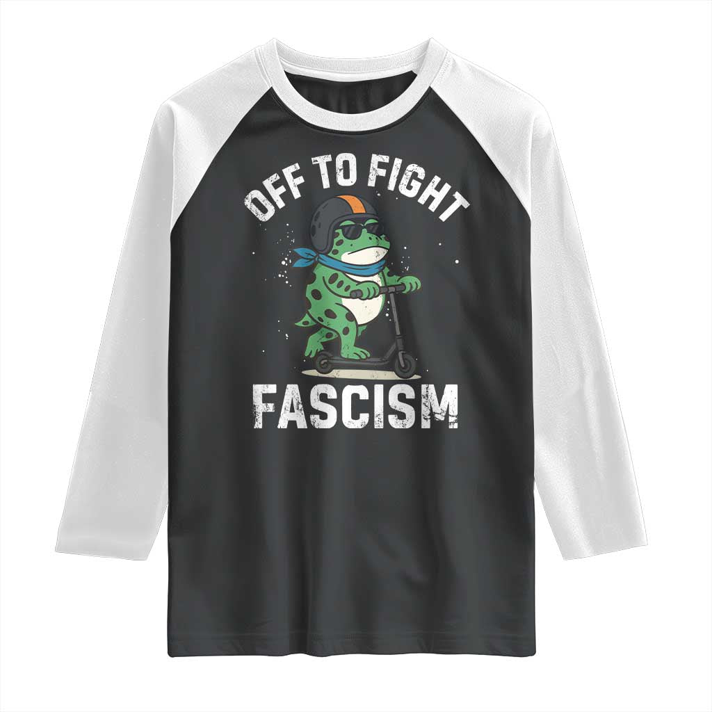 Portland Frog Resist Protest Raglan Shirt Off to Fight Fascism Frog Scooter TS10 Black White Print Your Wear