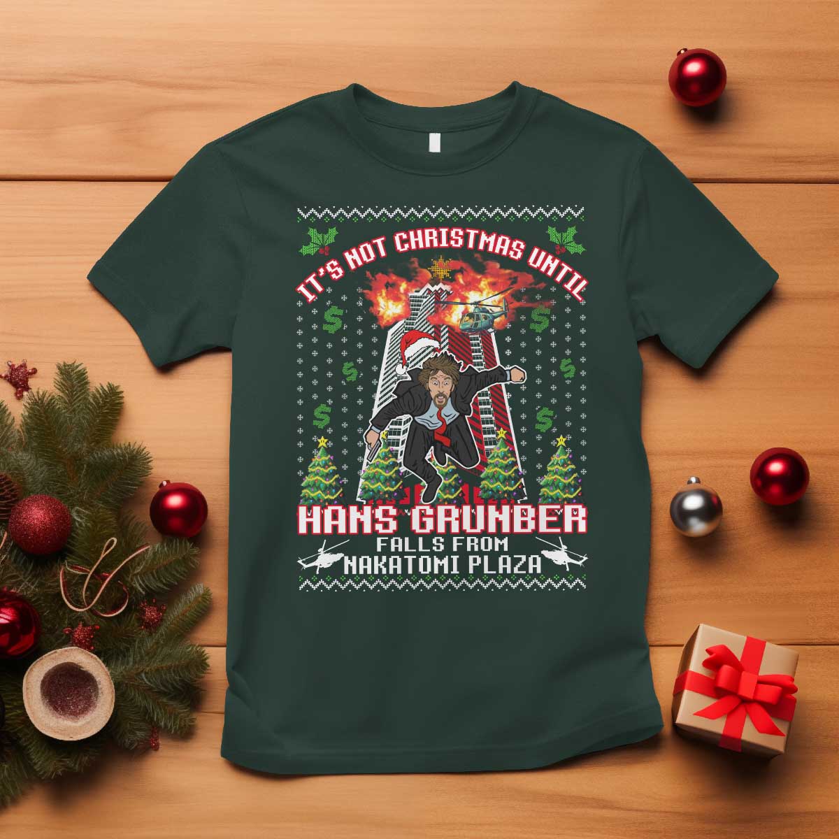 Nakatomi Plaza Christmas Party T Shirt 1988 Xmas Jumper Funny 80's Die Movie Bruce TS10 Dark Forest Green Print Your Wear