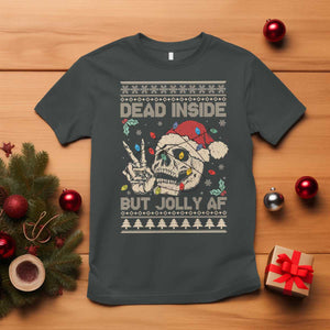 Funny Ugly Christmas T Shirt Dead Inside But Jolly AF Festive Sarcastic Snarky Skeleton Skull TS10 Dark Heather Print Your Wear