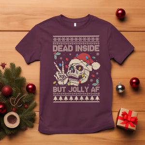 Funny Ugly Christmas T Shirt Dead Inside But Jolly AF Festive Sarcastic Snarky Skeleton Skull TS10 Maroon Print Your Wear