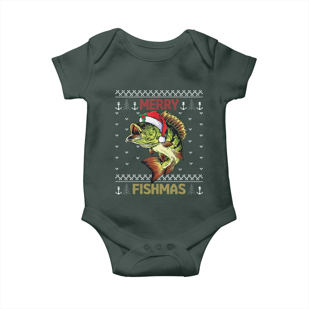 Fishing Christmas Baby Onesie Merry Fishmas Bass Fish Ugly Sweater TS10 Dark Forest Green Print Your Wear