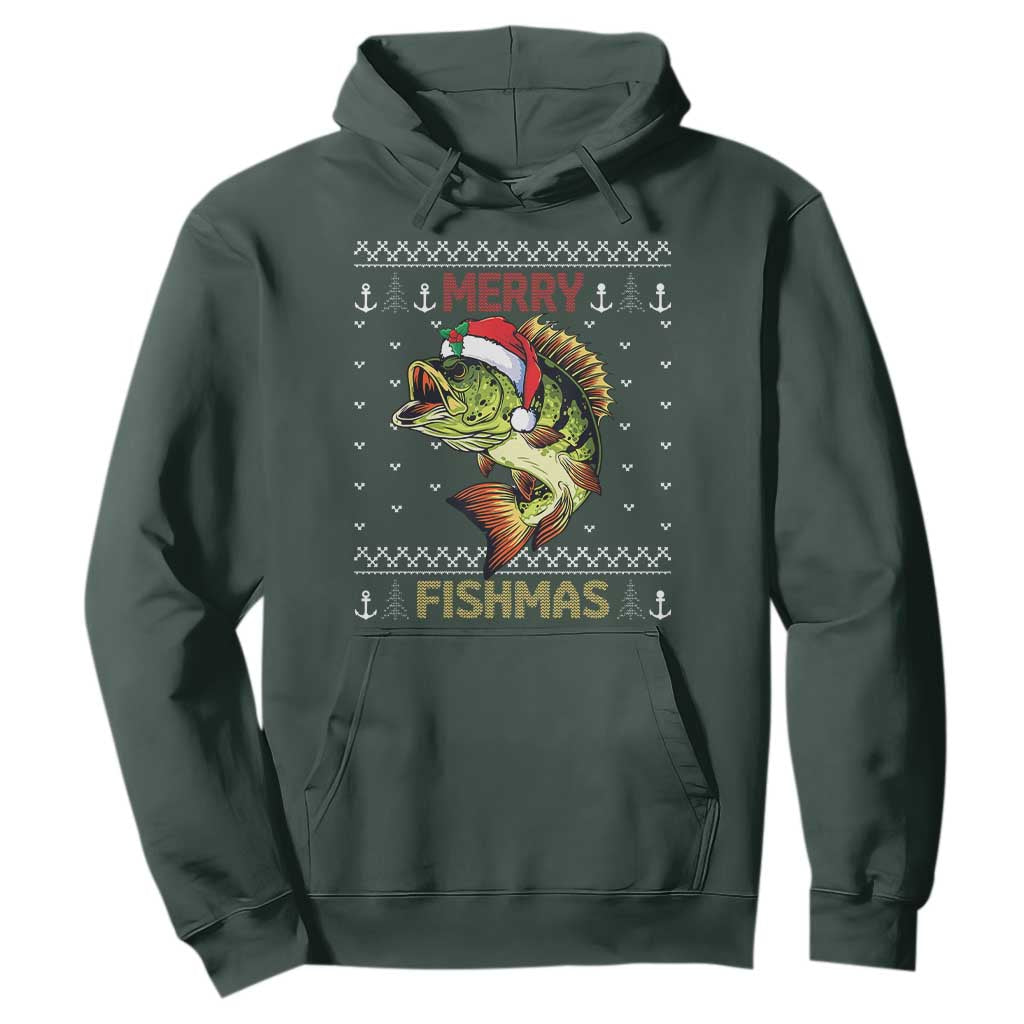 Fishing Christmas Hoodie Merry Fishmas Bass Fish Ugly Sweater TS10 Dark Forest Green Print Your Wear