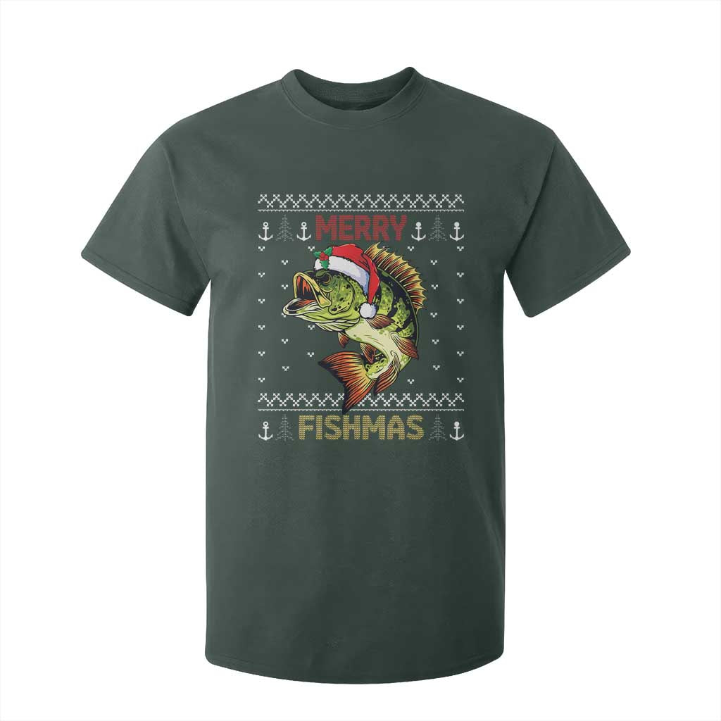 Fishing Christmas T Shirt For Kid Merry Fishmas Bass Fish Ugly Sweater TS10 Dark Forest Green Print Your Wear