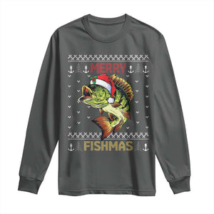 Fishing Christmas Long Sleeve Shirt Merry Fishmas Bass Fish Ugly Sweater TS10 Dark Heather Print Your Wear