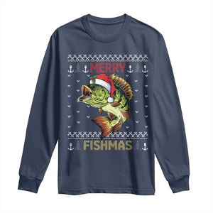 Fishing Christmas Long Sleeve Shirt Merry Fishmas Bass Fish Ugly Sweater TS10 Navy Print Your Wear