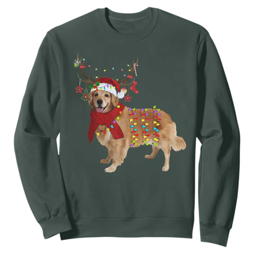 Golden Retriever Christmas Sweatshirt Gift for Dog Lover Happy New Year Xmas Lights TS10 Dark Forest Green Print Your Wear