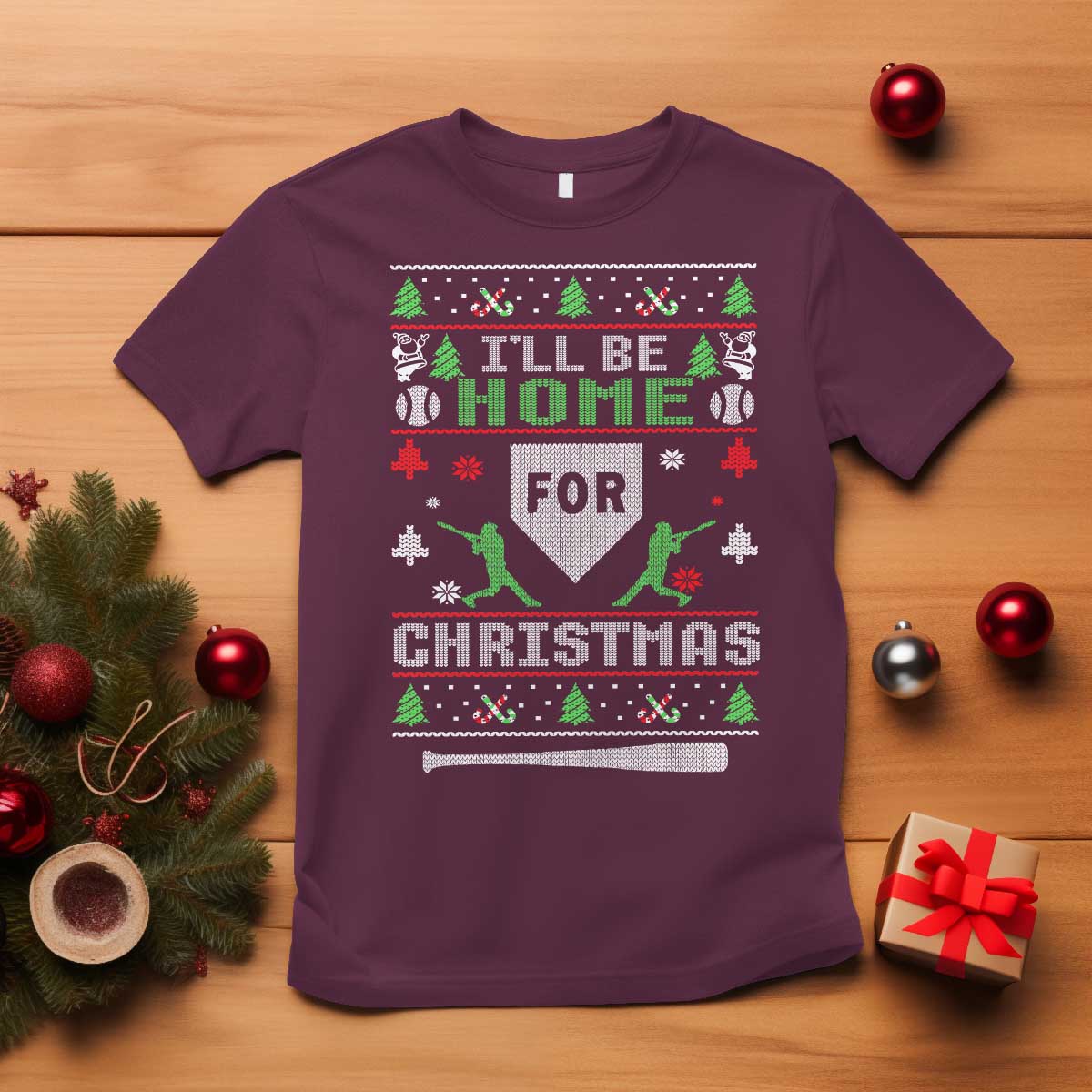 Baseball Ugly Christmas T Shirt I'll Be Home For Xmas TS10 Maroon Print Your Wear