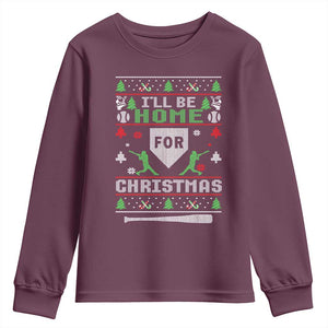 Baseball Ugly Christmas Youth Sweatshirt I'll Be Home For Xmas TS10 Maroon Print Your Wear