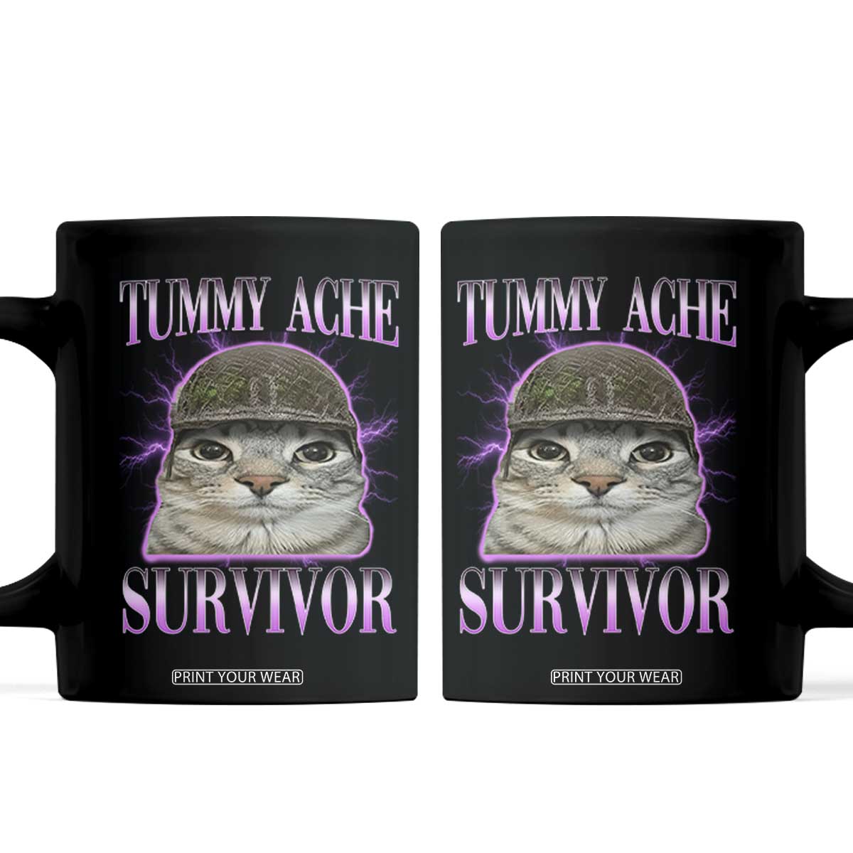 Tummy Ache Survivor Cat Meme Coffee Mug Funny Trending Oddly Specific Brainrot Memes TS10 Black Print Your Wear