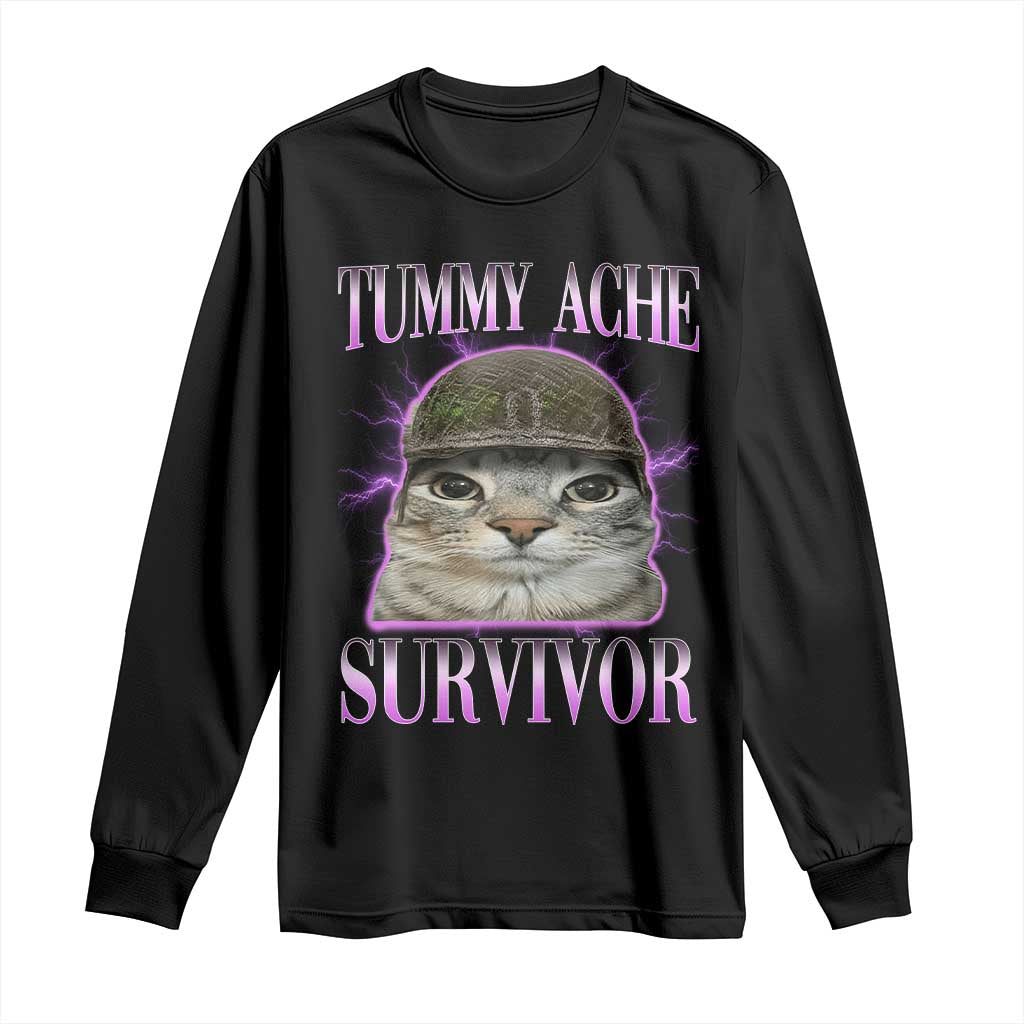 Tummy Ache Survivor Cat Meme Long Sleeve Shirt Funny Trending Oddly Specific Brainrot Memes TS10 Black Print Your Wear