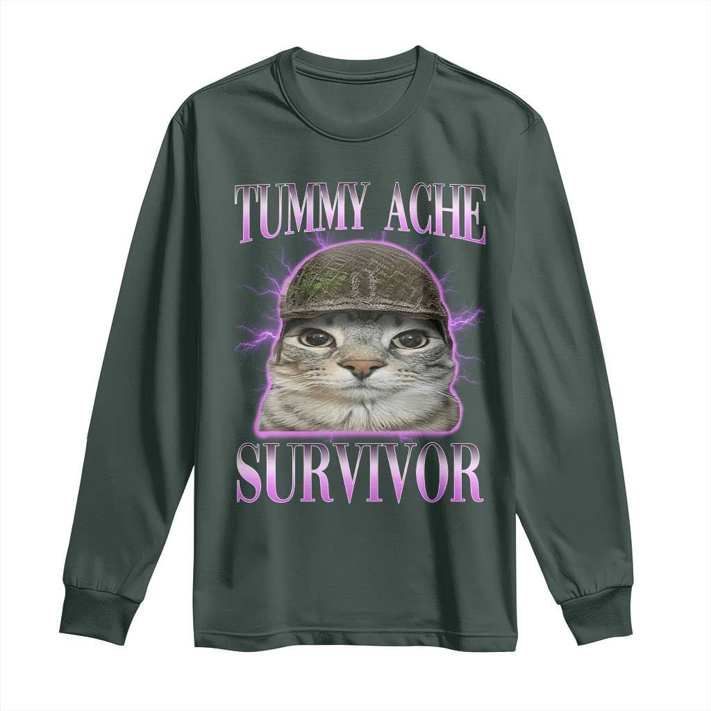 Tummy Ache Survivor Cat Meme Long Sleeve Shirt Funny Trending Oddly Specific Brainrot Memes TS10 Dark Forest Green Print Your Wear