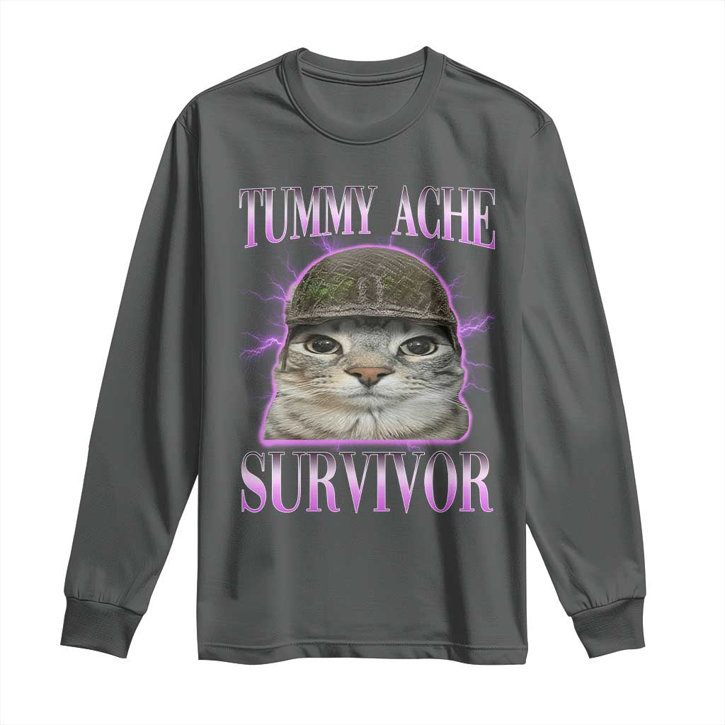 Tummy Ache Survivor Cat Meme Long Sleeve Shirt Funny Trending Oddly Specific Brainrot Memes TS10 Dark Heather Print Your Wear