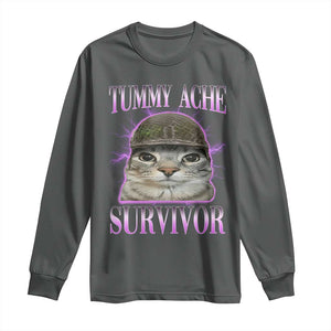 Tummy Ache Survivor Cat Meme Long Sleeve Shirt Funny Trending Oddly Specific Brainrot Memes TS10 Dark Heather Print Your Wear