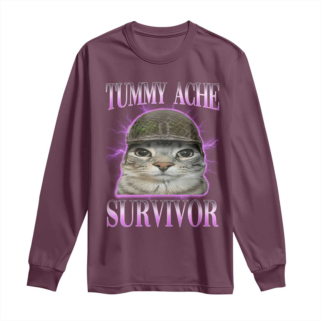 Tummy Ache Survivor Cat Meme Long Sleeve Shirt Funny Trending Oddly Specific Brainrot Memes TS10 Maroon Print Your Wear
