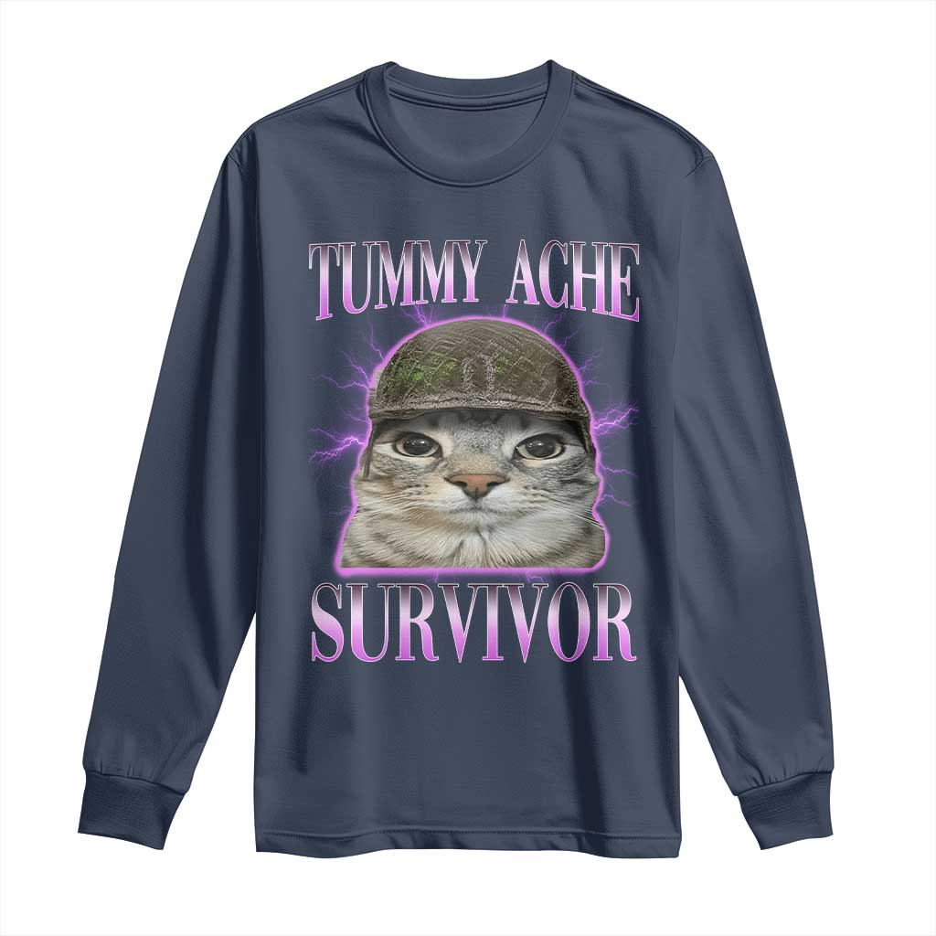 Tummy Ache Survivor Cat Meme Long Sleeve Shirt Funny Trending Oddly Specific Brainrot Memes TS10 Navy Print Your Wear
