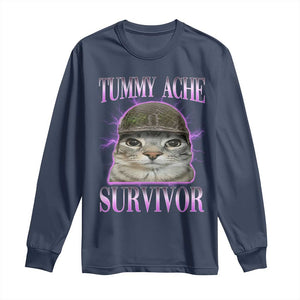 Tummy Ache Survivor Cat Meme Long Sleeve Shirt Funny Trending Oddly Specific Brainrot Memes TS10 Navy Print Your Wear