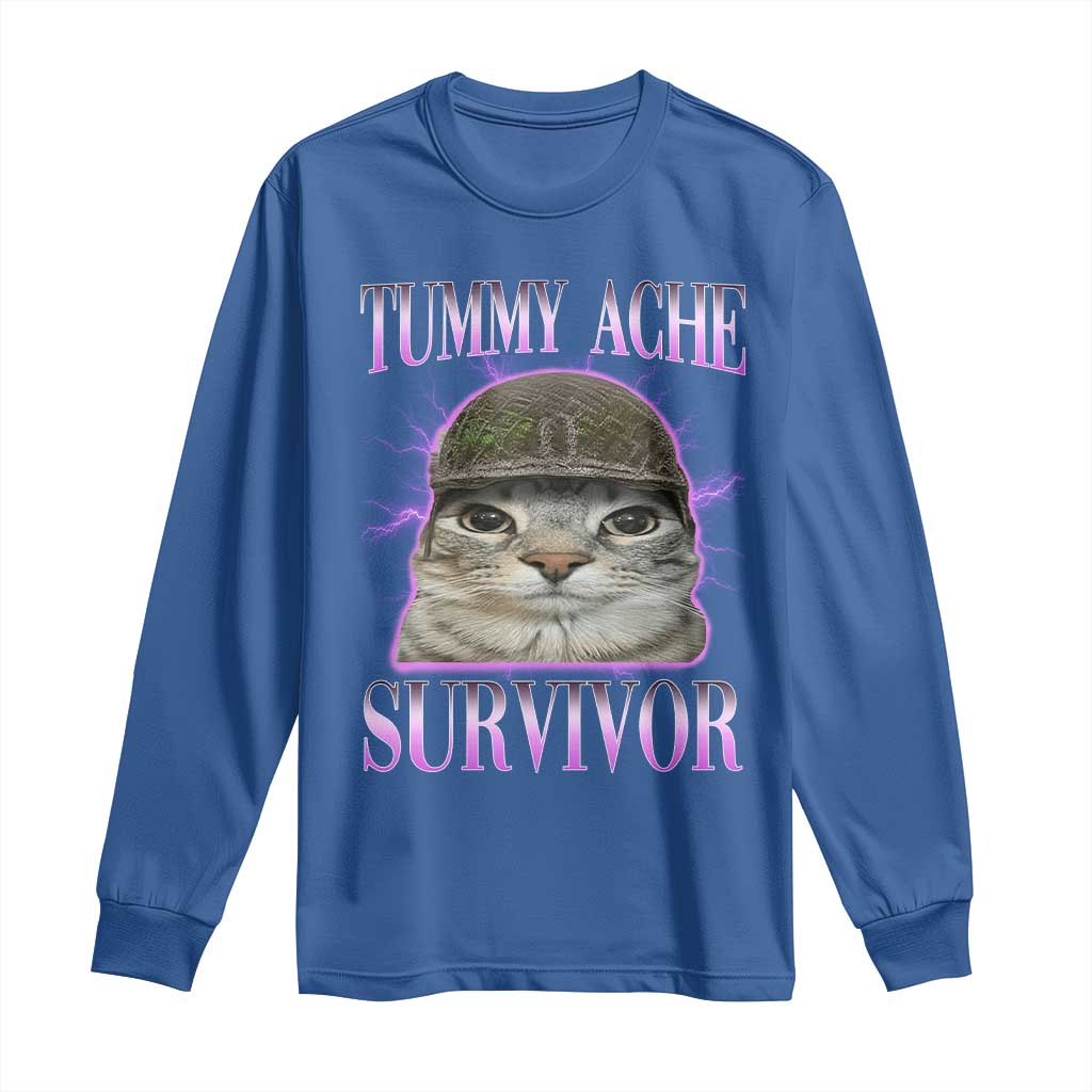 Tummy Ache Survivor Cat Meme Long Sleeve Shirt Funny Trending Oddly Specific Brainrot Memes TS10 Royal Blue Print Your Wear