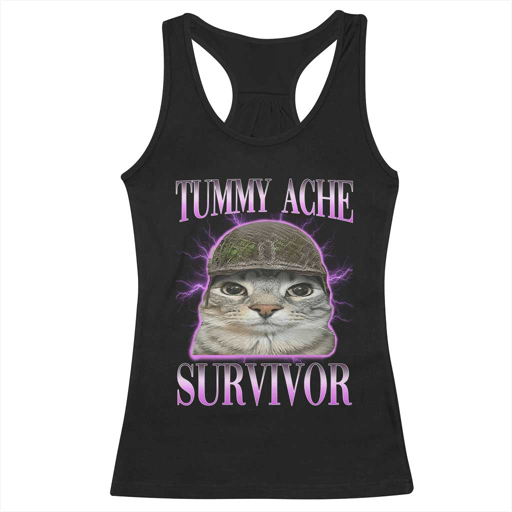 Tummy Ache Survivor Cat Meme Racerback Tank Top Funny Trending Oddly Specific Brainrot Memes TS10 Black Print Your Wear