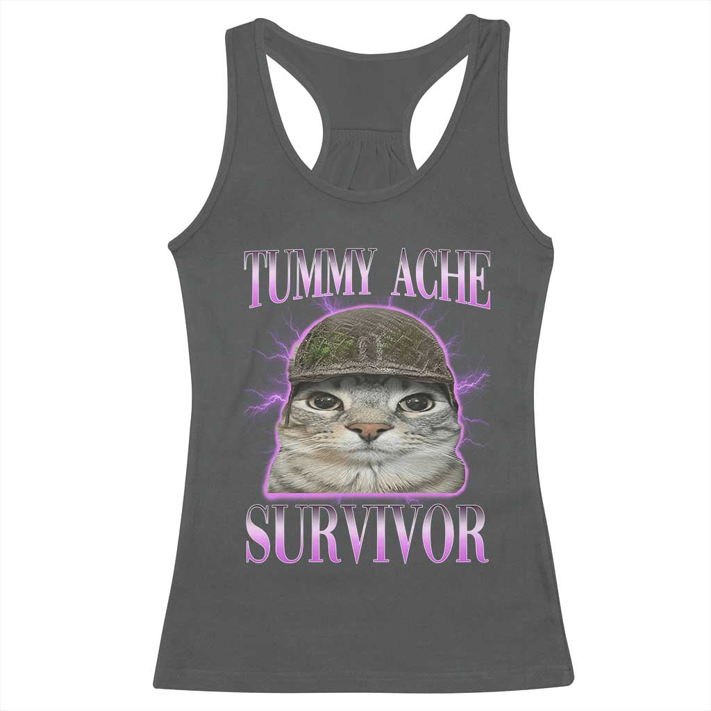 Tummy Ache Survivor Cat Meme Racerback Tank Top Funny Trending Oddly Specific Brainrot Memes TS10 Dark Heather Print Your Wear