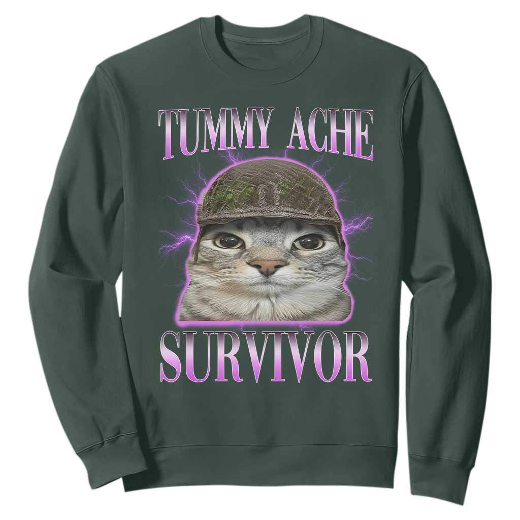 Tummy Ache Survivor Cat Meme Sweatshirt Funny Trending Oddly Specific Brainrot Memes TS10 Dark Forest Green Print Your Wear