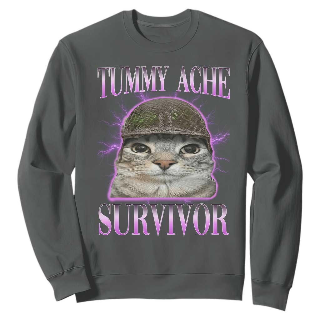 Tummy Ache Survivor Cat Meme Sweatshirt Funny Trending Oddly Specific Brainrot Memes TS10 Dark Heather Print Your Wear