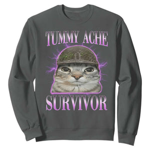 Tummy Ache Survivor Cat Meme Sweatshirt Funny Trending Oddly Specific Brainrot Memes TS10 Dark Heather Print Your Wear