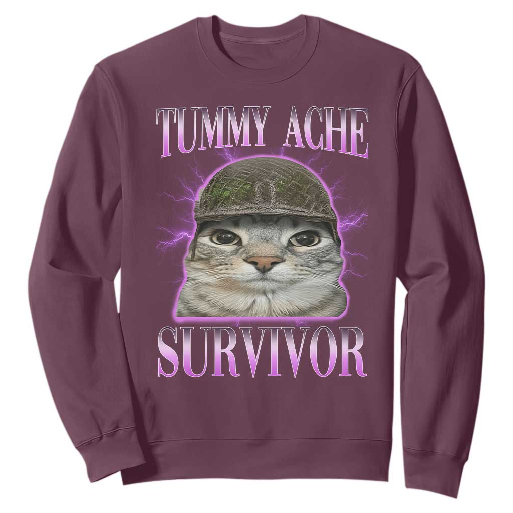 Tummy Ache Survivor Cat Meme Sweatshirt Funny Trending Oddly Specific Brainrot Memes TS10 Maroon Print Your Wear