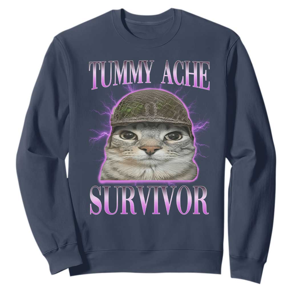 Tummy Ache Survivor Cat Meme Sweatshirt Funny Trending Oddly Specific Brainrot Memes TS10 Navy Print Your Wear