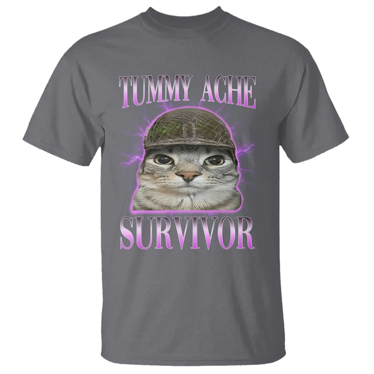 Tummy Ache Survivor Cat Meme T Shirt Funny Trending Oddly Specific Brainrot Memes TS10 Charcoal Print Your Wear