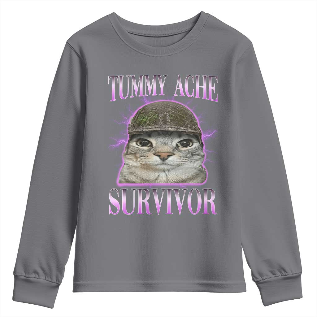 Tummy Ache Survivor Cat Meme Youth Sweatshirt Funny Trending Oddly Specific Brainrot Memes TS10 Charcoal Print Your Wear