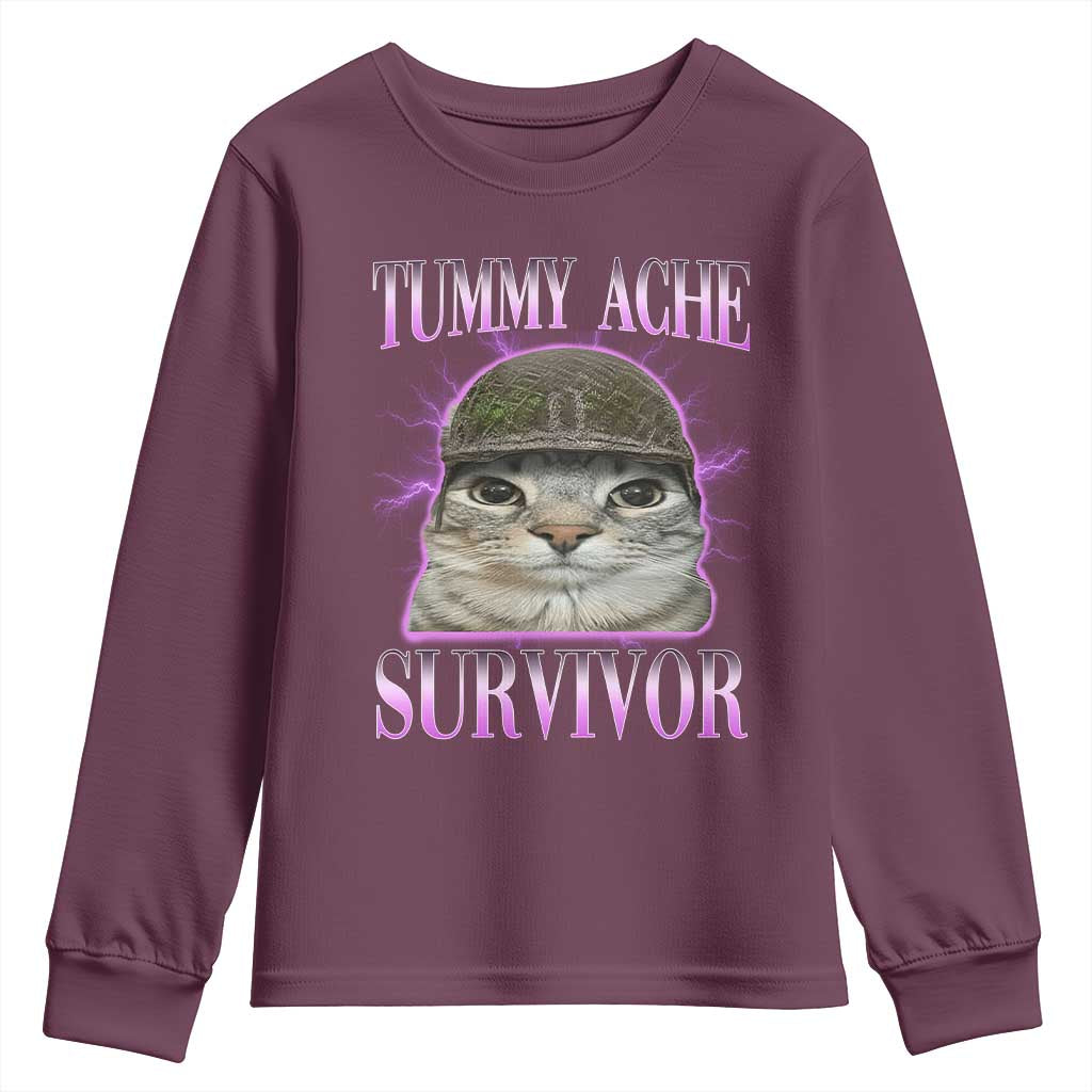 Tummy Ache Survivor Cat Meme Youth Sweatshirt Funny Trending Oddly Specific Brainrot Memes TS10 Maroon Print Your Wear