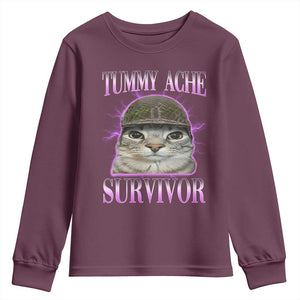 Tummy Ache Survivor Cat Meme Youth Sweatshirt Funny Trending Oddly Specific Brainrot Memes TS10 Maroon Print Your Wear