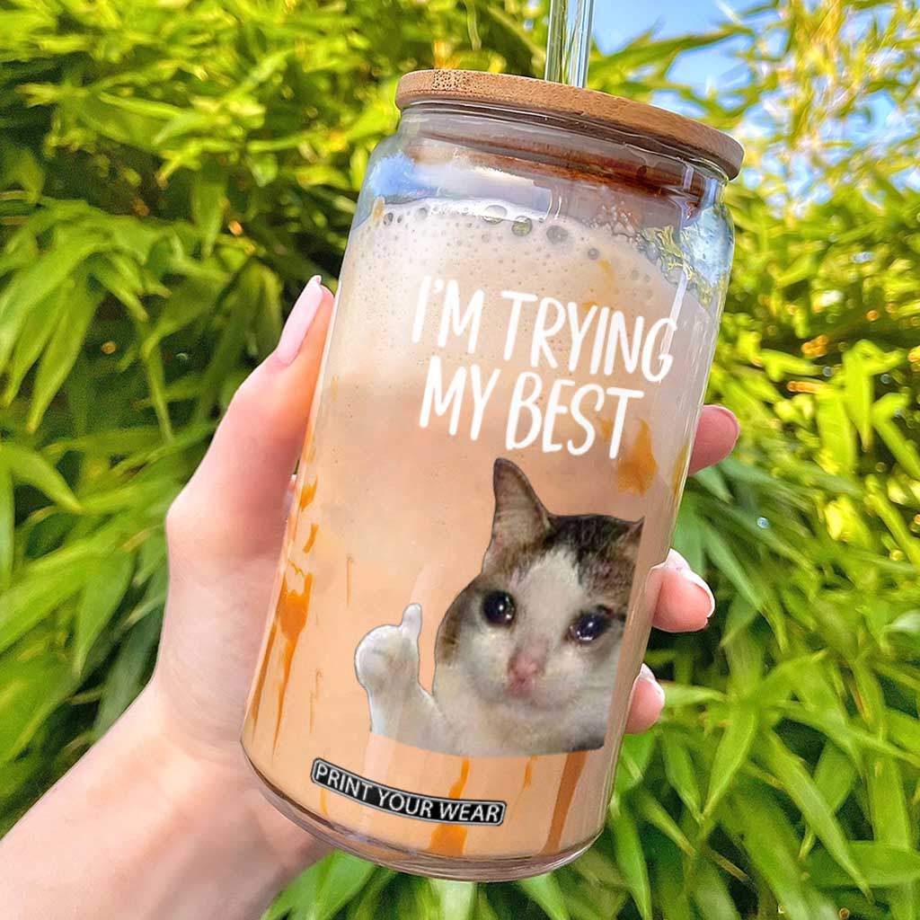 Im Trying My Best Funny Crying Cat Meme Glass Can TS10 Black Print Your Wear