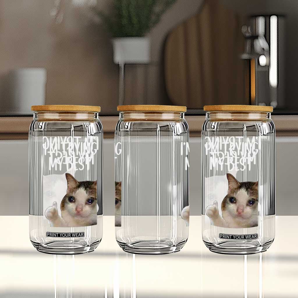 Im Trying My Best Funny Crying Cat Meme Glass Can TS10 Print Your Wear