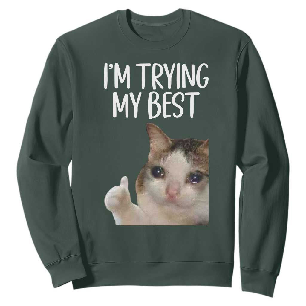 Im Trying My Best Funny Crying Cat Meme Sweatshirt TS10 Dark Forest Green Print Your Wear