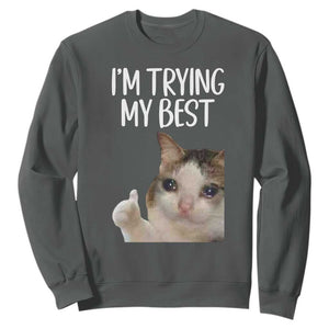 Im Trying My Best Funny Crying Cat Meme Sweatshirt TS10 Dark Heather Print Your Wear