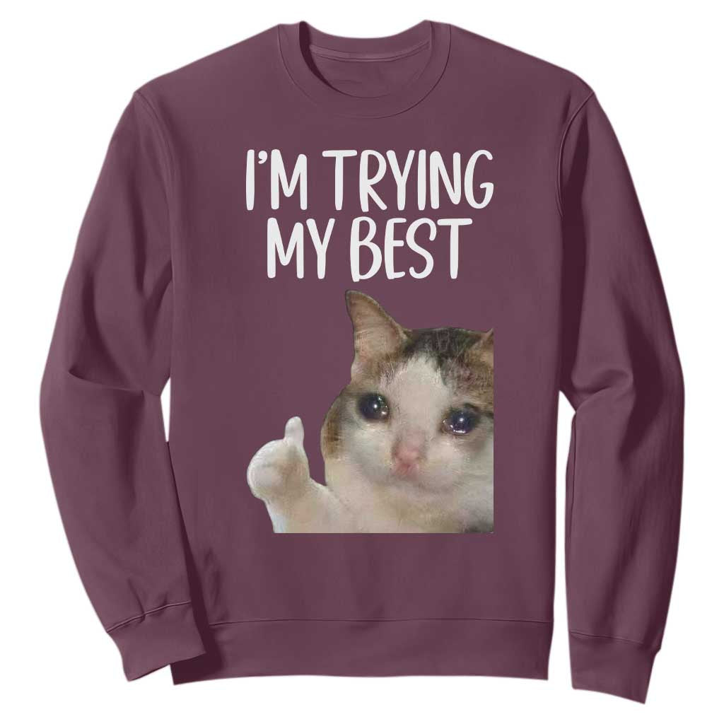 Im Trying My Best Funny Crying Cat Meme Sweatshirt TS10 Maroon Print Your Wear